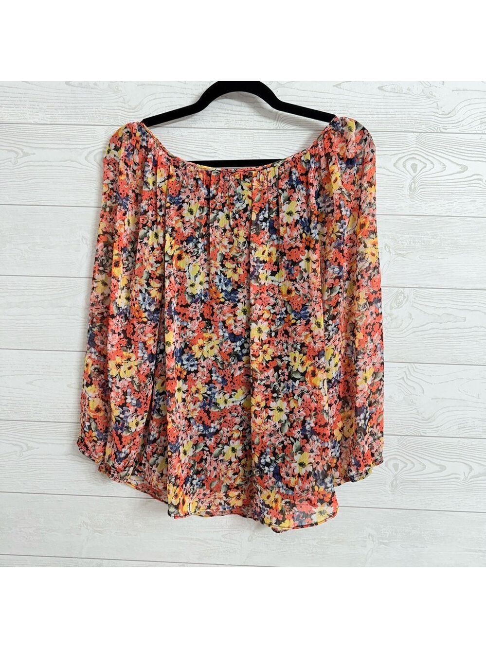 BCX Women’s Peach Floral Sheer Boho Blouse Top. Size L - Picture 2 of 7